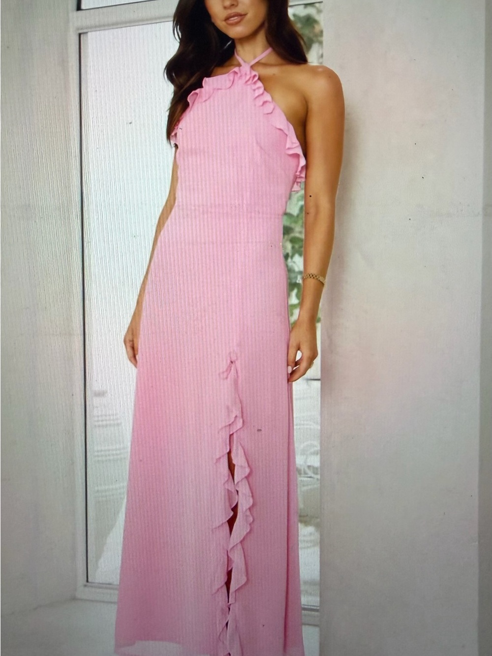 Hello Molly Pink Halter Ruffle Maxi Dress